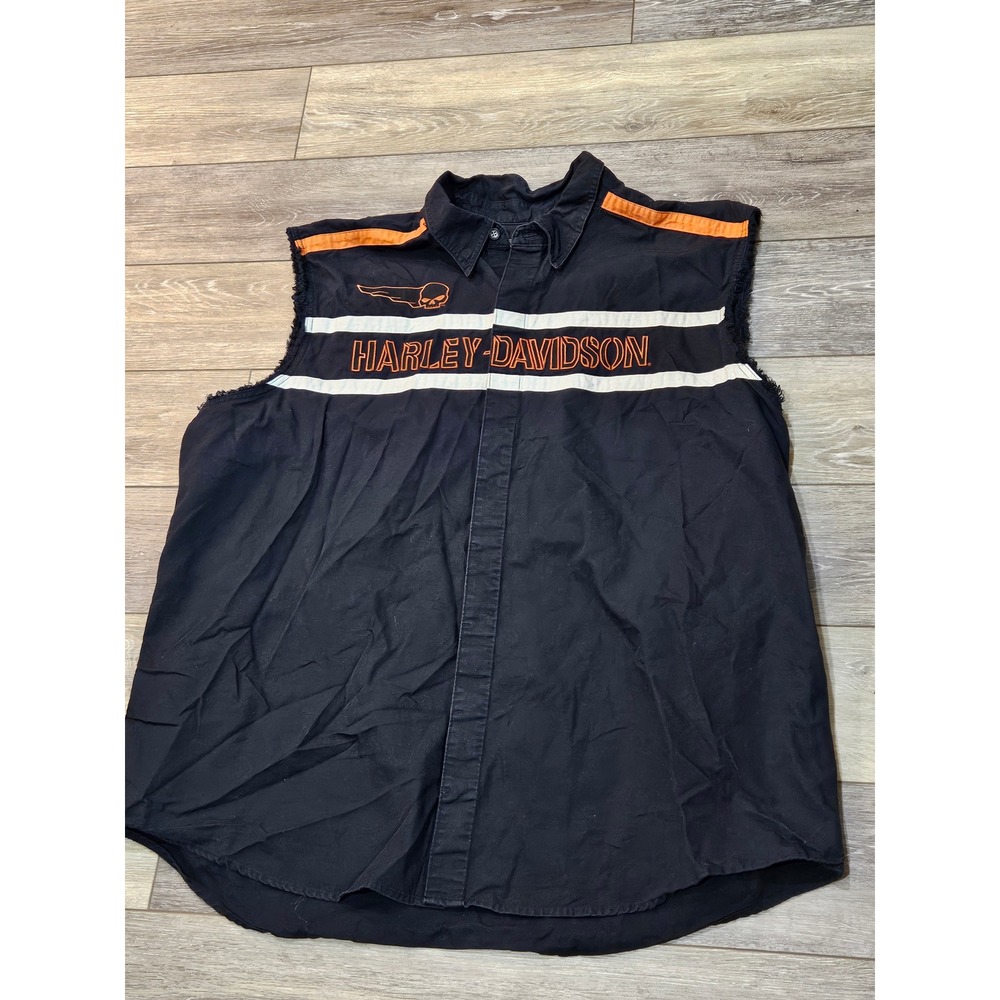 Harley-Davidson Mens Black Sleeveless Button Down Biker Shirt 3XL Skull Logo